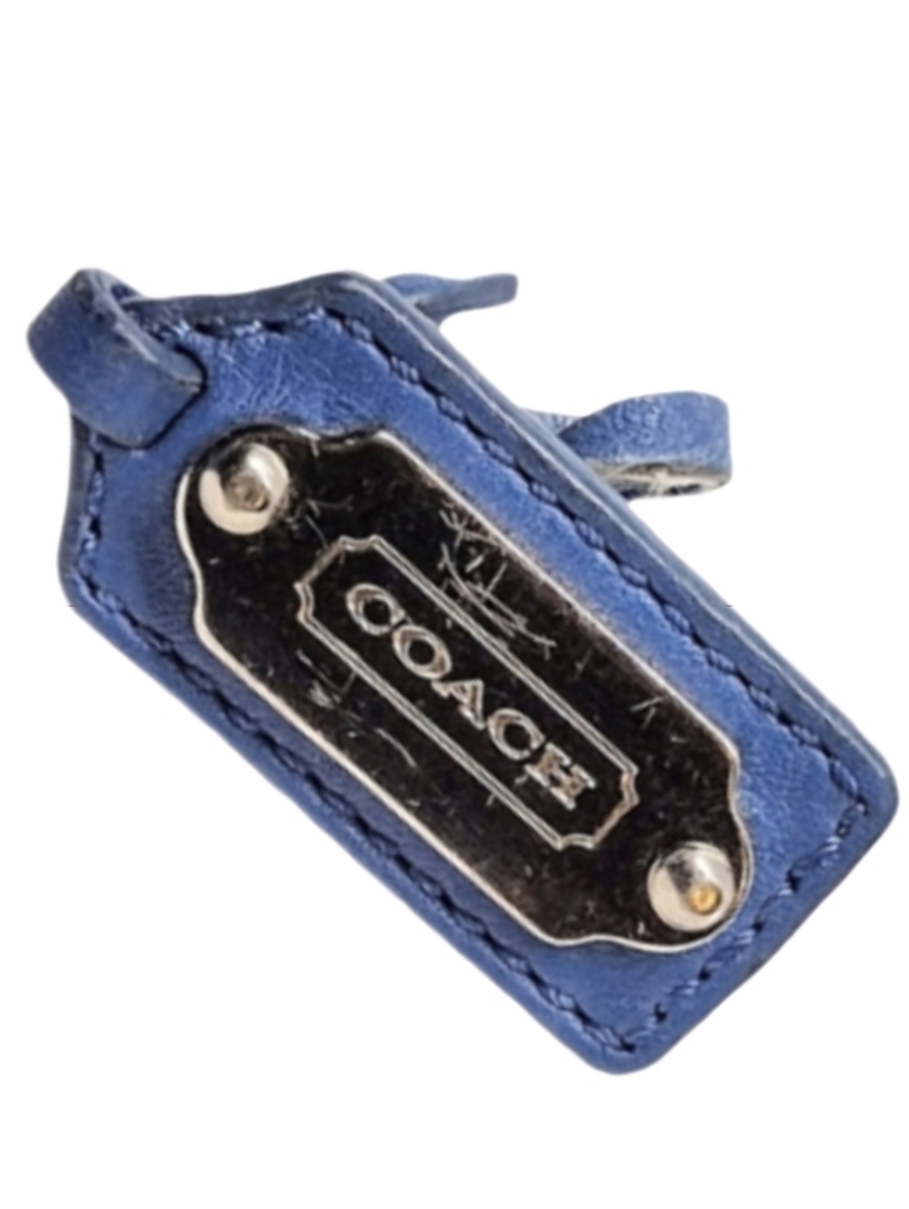 🔵 Coach Cool Blue Leather & Silver Metal Plate Hangtag Bag Charm Fob Keychain